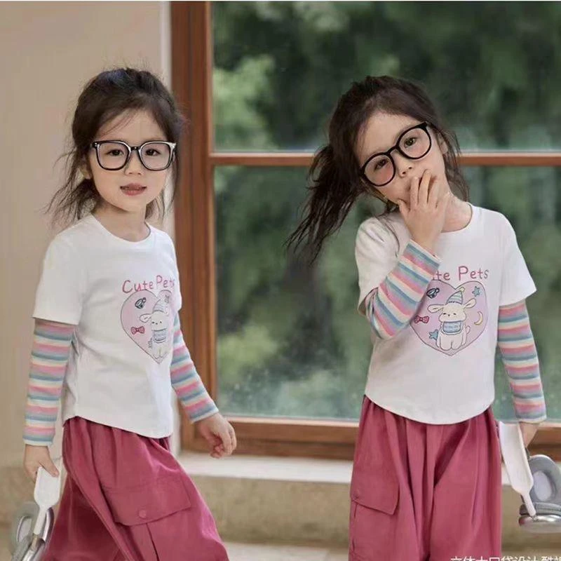 2025女童假两件秋装休闲韩版长袖宝宝套装打底中小童洋气秋季