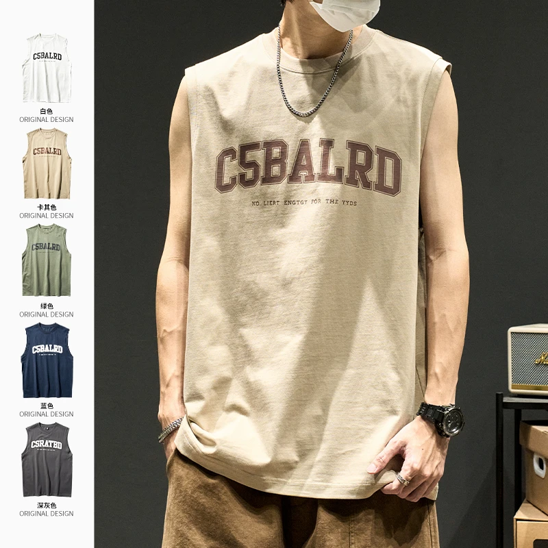背心男款美式潮牌字母宽松坎肩夏季纯棉潮流运动外穿无袖t恤潮ins