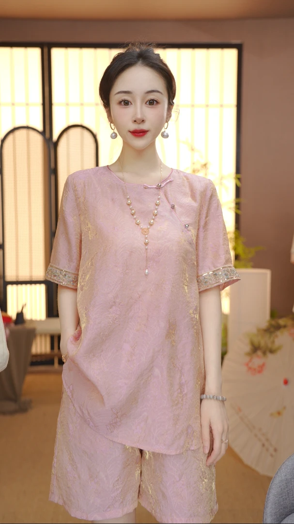 新中式2025夏季气质百搭提花立领短袖上衣裤子女FB2507071