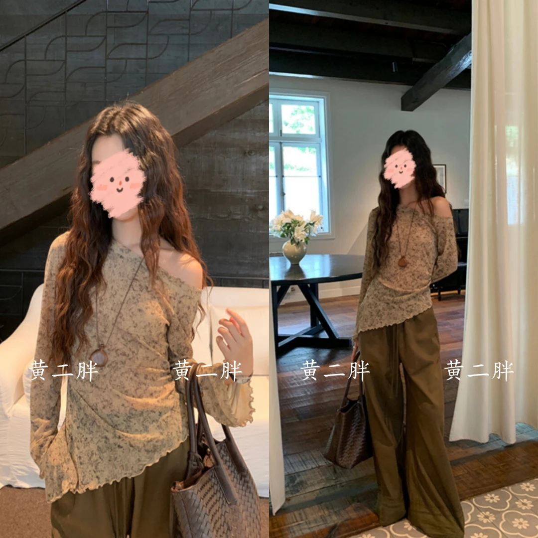 韩系斜领露肩长袖t恤女早秋新款木耳边不规则防晒上衣+直筒阔腿裤