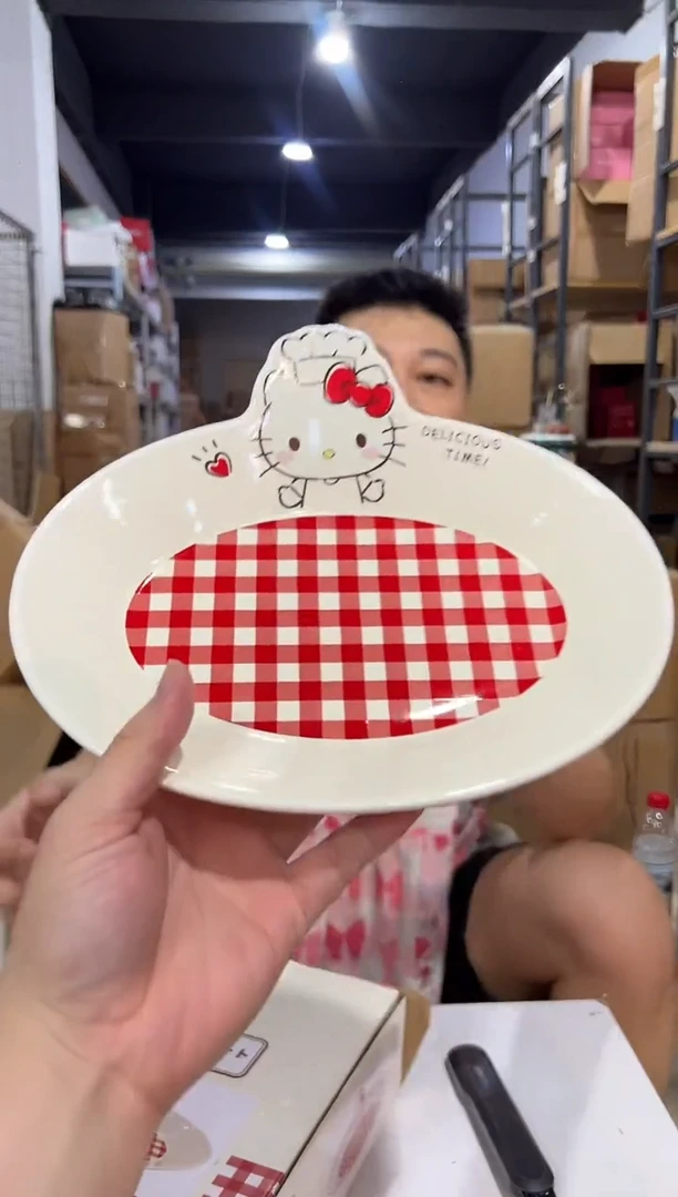 瓷片原盒kt猫红格子餐盘