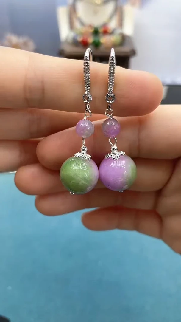 翡翠银S925镶嵌耳饰14mm春彩双珠*春彩