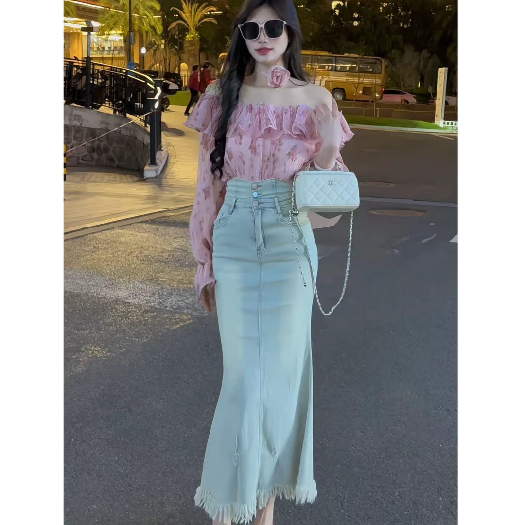 2025春季新款一字肩雪纺衬衫碎花长袖上衣弹力软牛仔流苏鱼尾裙