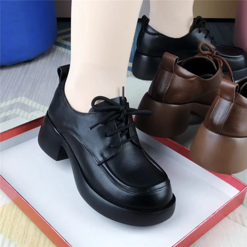 单鞋女真皮圆头深口系带粗跟皮鞋女复古休闲鞋百搭防滑软底妈妈鞋