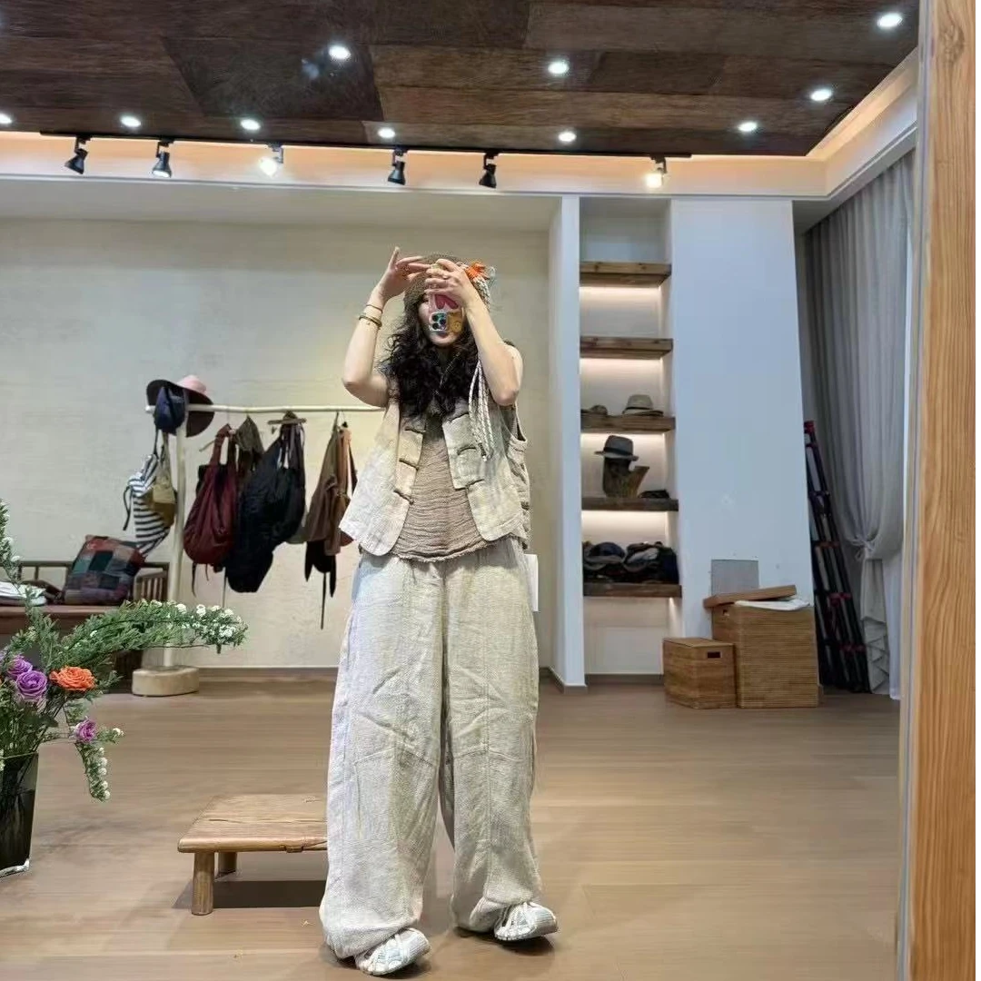 忆古朴拙241251秋款色织雨露重麻重工艺大挖袋休闲裤