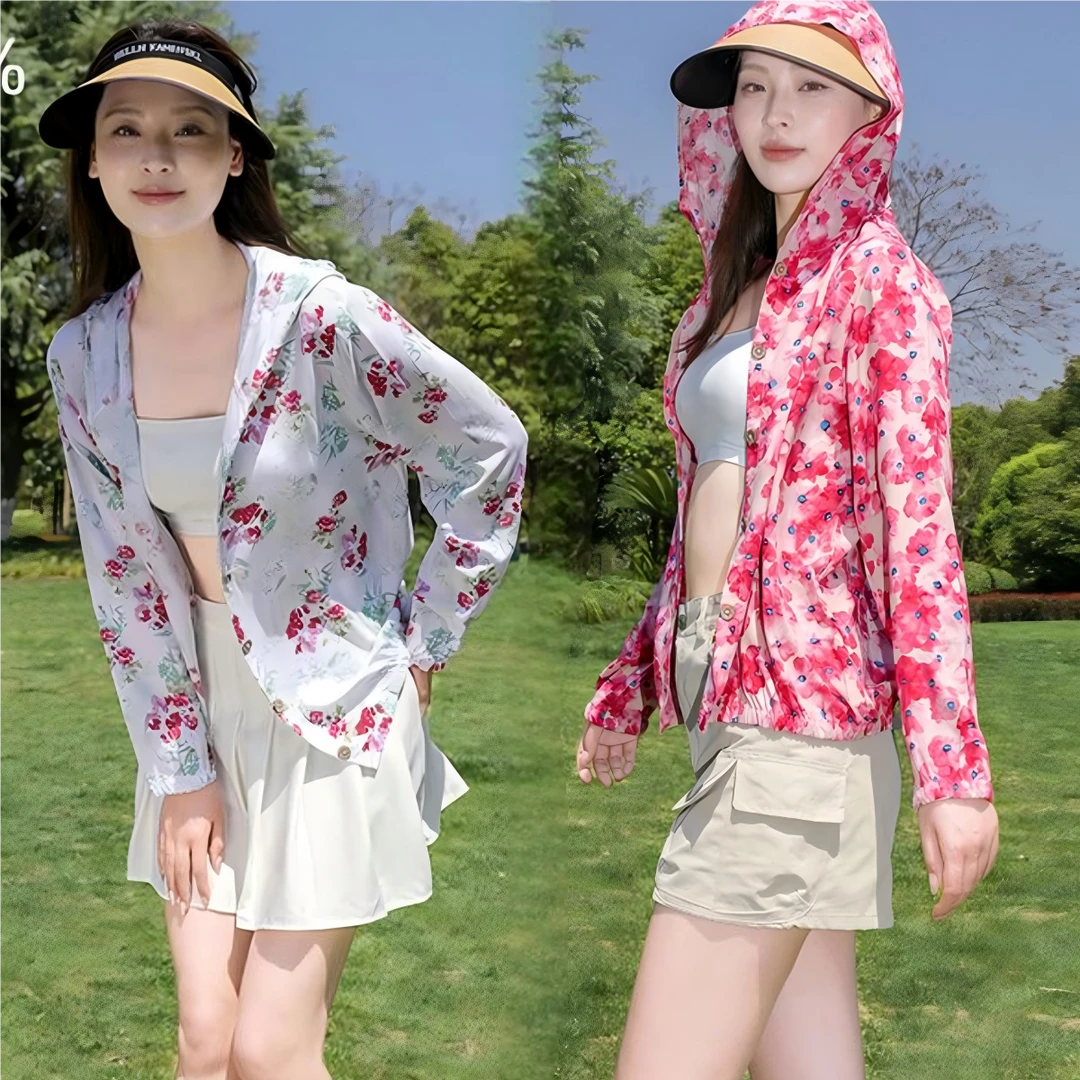 夏季薄款棉绸连帽女士防晒衣洋气时尚碎花大码舒适宽松外套上衣