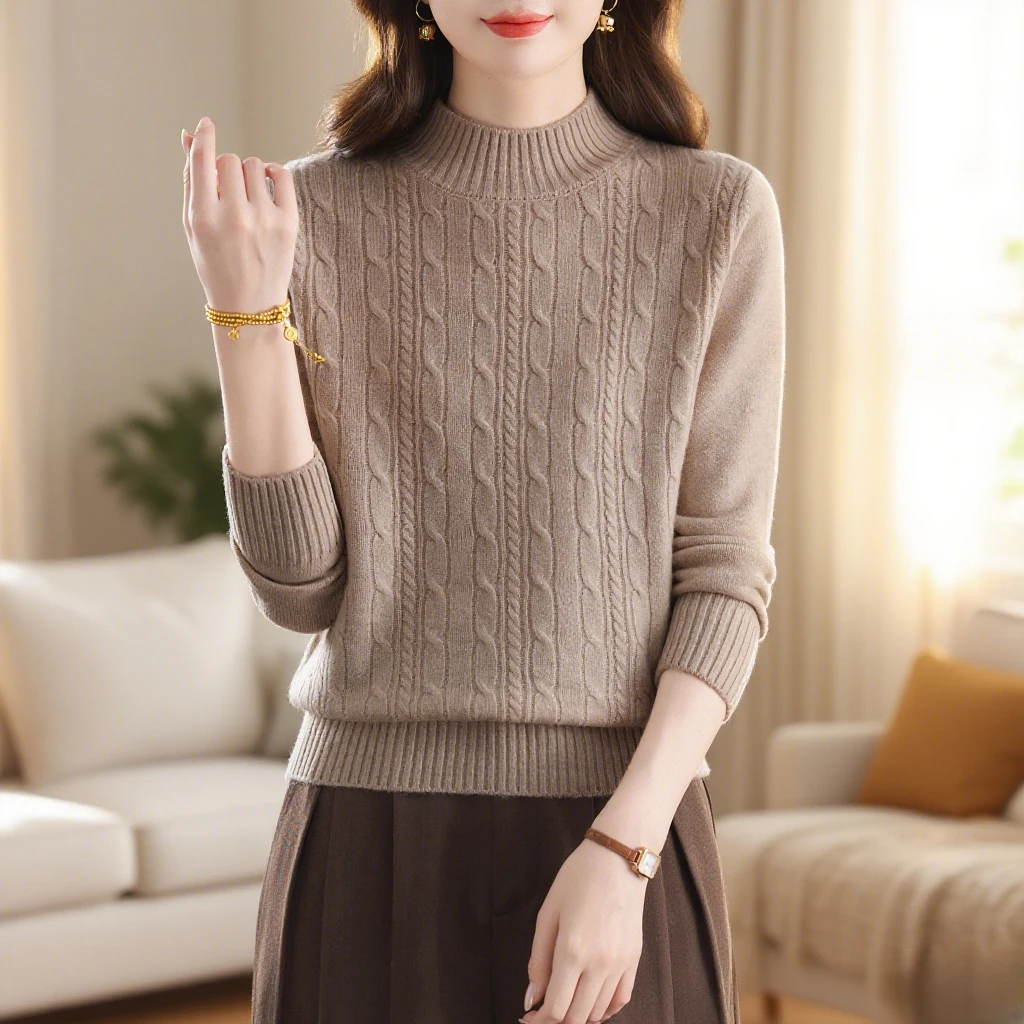 秋冬爆款纯羊绒衫女半高领螺纹花加厚毛衣宽松大码羊毛衫打底衫
