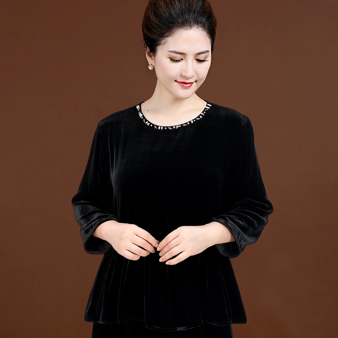 真丝绒100%桑蚕丝正品真丝丝绒上衣女遮肚高端气质2025新款秋黑色