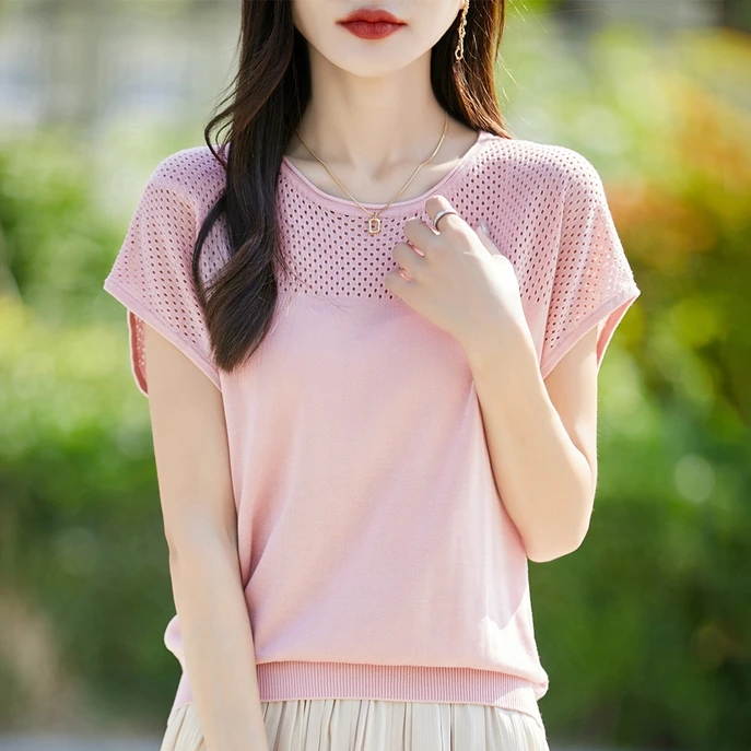 品牌夏季新款天丝针织衫T恤时尚圆领镂空宽松显瘦上衣