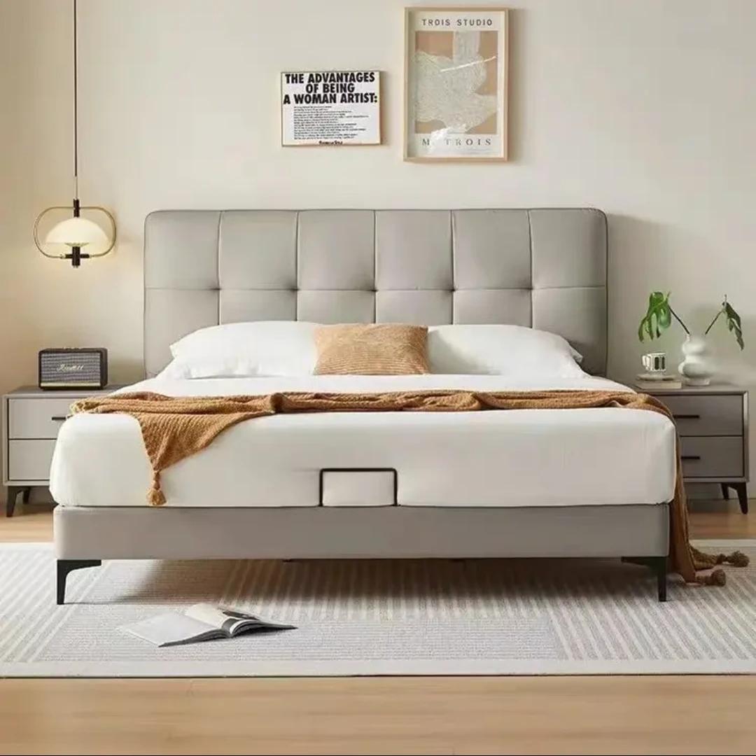 真皮悬浮床现代简约双人床轻奢大气主卧床法式奶油风泡芙软包床