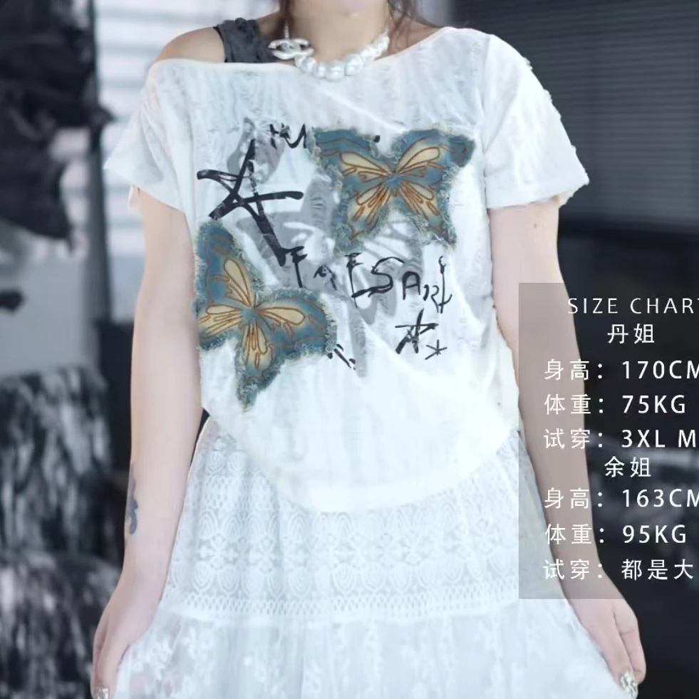 D8010女装新款露肩假两件设计蝴蝶图案时尚新款女T恤