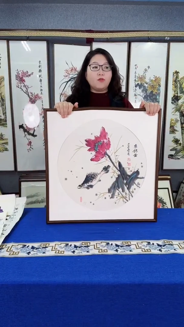 国画 荷花图 实木画框 53*53