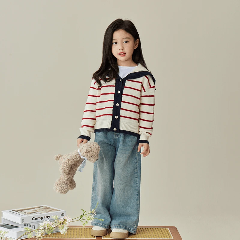24121女童针织衫秋装2025新品儿童条纹针织外套宝宝长袖秋季开衫