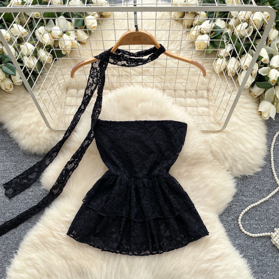 法式时尚洋气飘带抹胸背心女纯欲无袖荷叶下摆蕾丝上衣品质女装