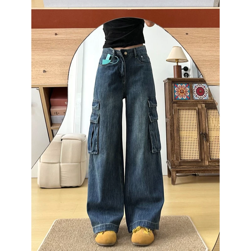 拉夏贝尔高街时尚工装牛仔裤女高腰直筒显瘦痞帅炸街风休闲阔腿裤