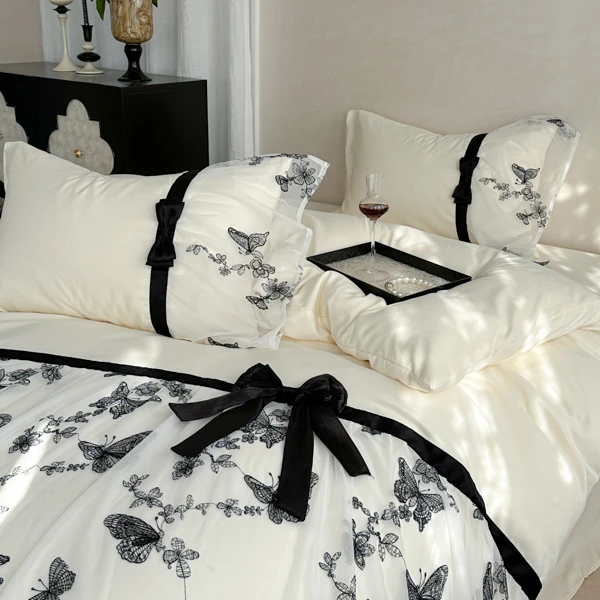 法式浪漫蝴蝶结奶昔白四件套床单被套亲肤舒适四季款居家主卧少女