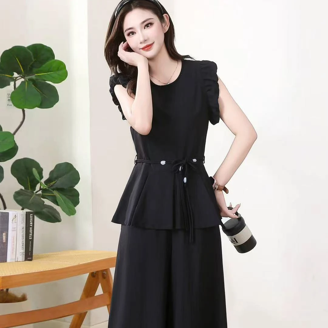 休闲风极简风中国风时尚套阔腿裤夏季洋气短袖