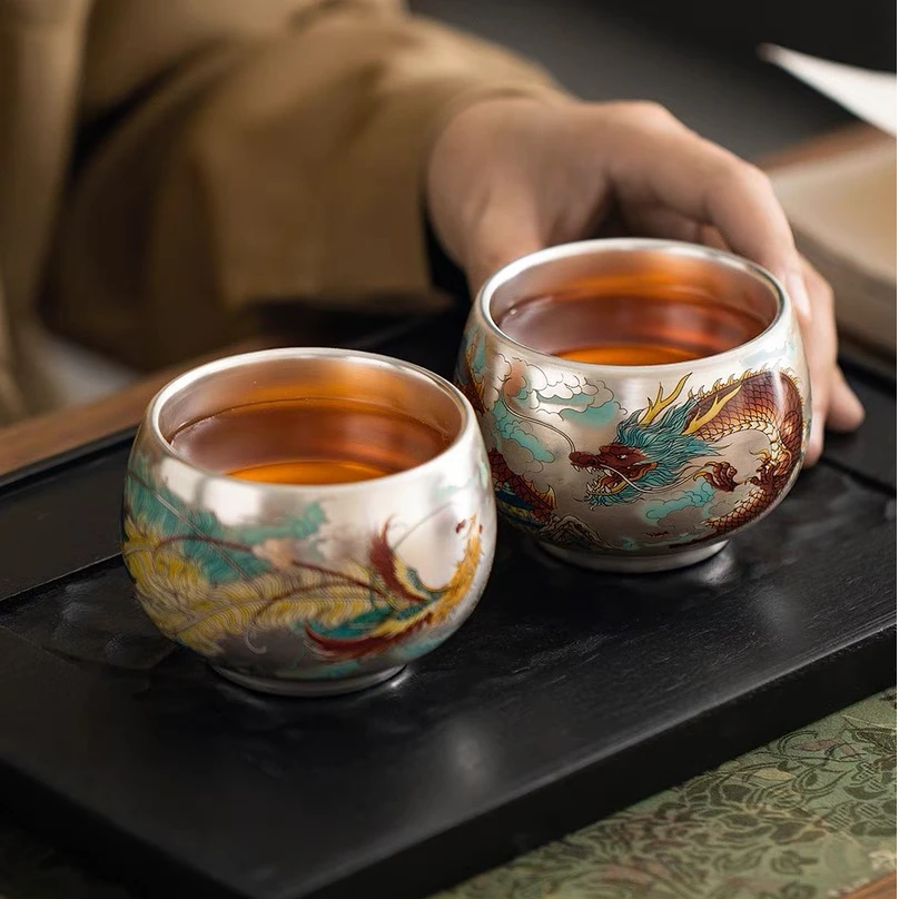 Z2657-周鸿杰鎏银-对杯《红龙+红凤》-罗汉杯+随机礼盒