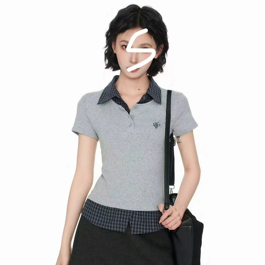 灰色假两件格子polo翻领短袖t恤女夏夏季短款修身小个子正肩上衣