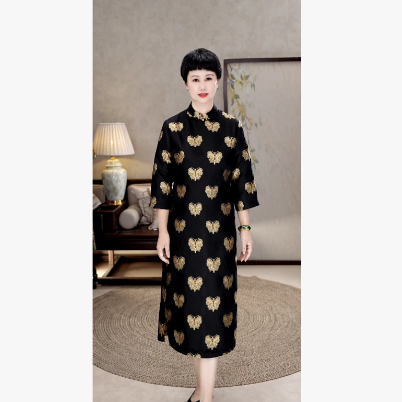 清仓【非遗100%桑蚕丝宋锦】黑金蝴蝶 25年秋新中式立领旗袍W65-4