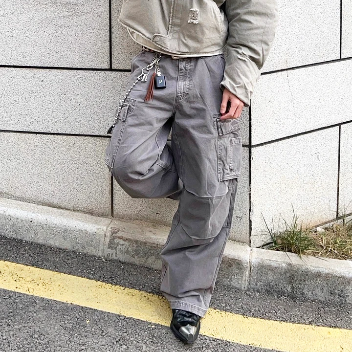 欧美高街伞兵多口袋法工裤Vintage重水洗做旧宽松Baggy阔腿工装裤