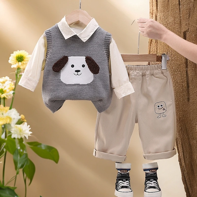 男童春装套装洋气男宝宝卡通毛衣马甲三件套装婴儿童春秋季小童装