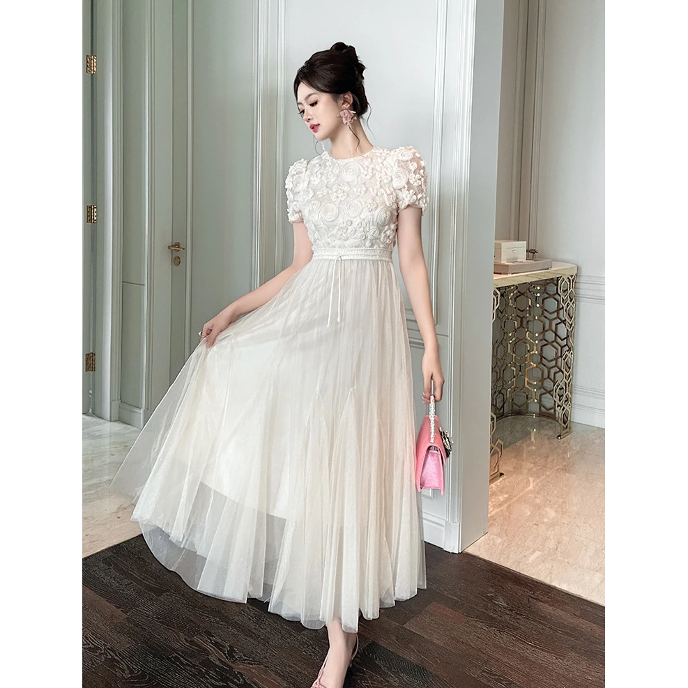 2025夏季新款女装甜美气质立体玫瑰花收腰网纱大摆连衣裙11554