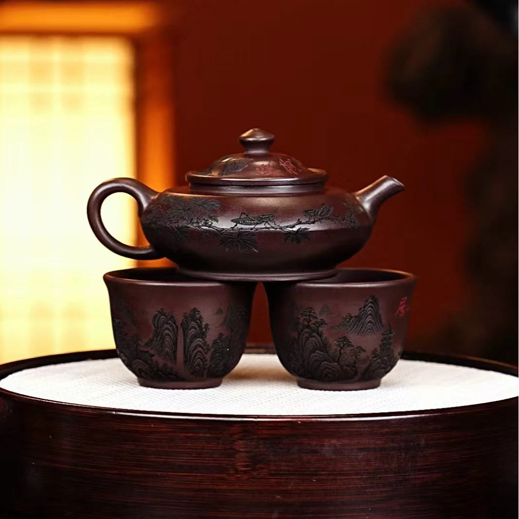 宜兴紫砂 笠帽 赤龙血 赵园静 h403 （一壶两杯）