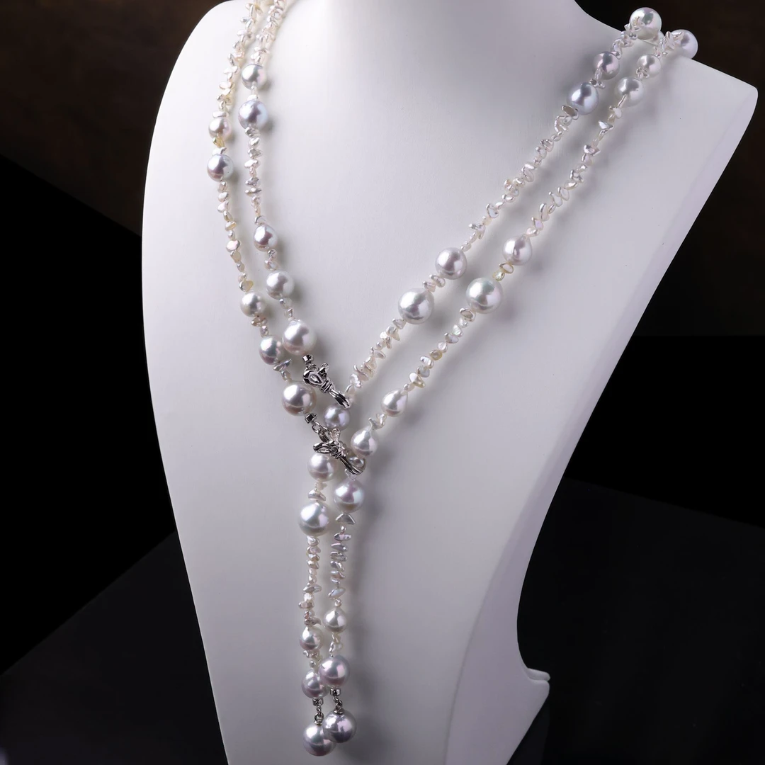 海水keshi珠真多麻混彩珍珠毛衣链2-9mm合金镶嵌个性多样性发一条