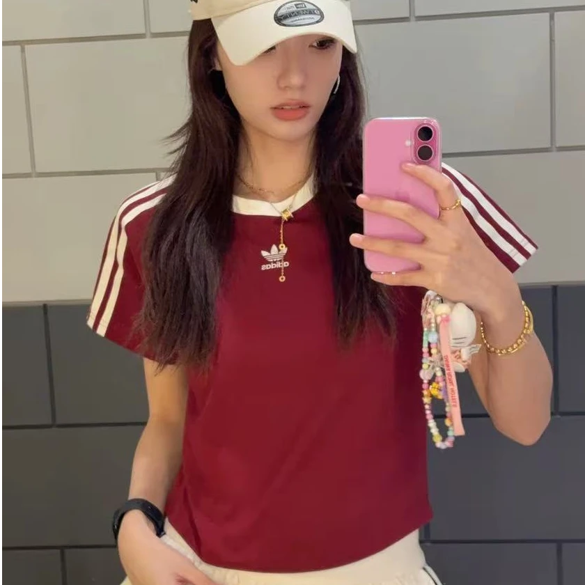 Adidas/阿迪达斯正品三叶草女士修身三条纹圆领透气短袖KF0314