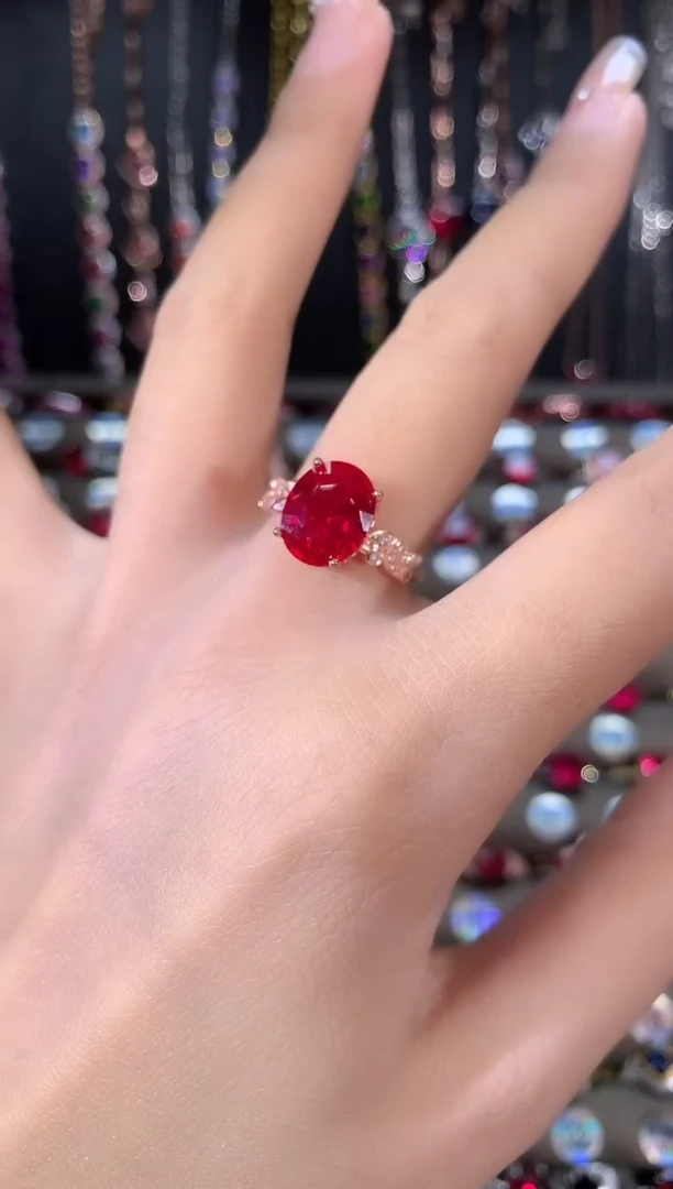 银S925镶嵌戒指红宝石911玫瑰金