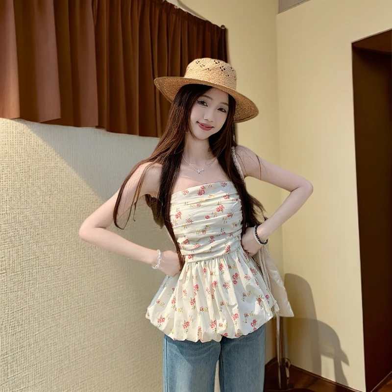 夏季新款复古气质甜美可爱风碎花印花抹胸裙边打底背心可外穿上衣