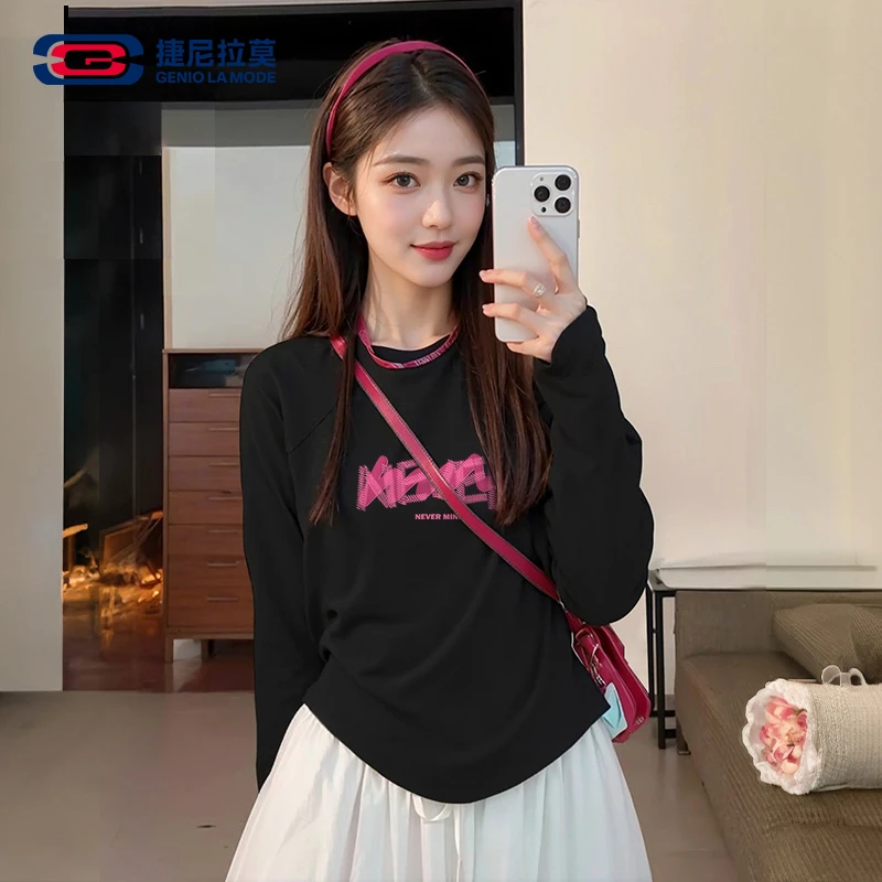 【敖瑞鹏代言】捷尼拉莫黑色时尚长袖t恤女2025春秋新款纯棉打底衫