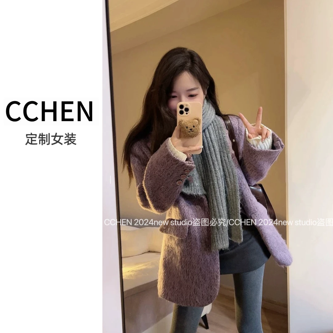 CCHEN 高级感加厚中长款呢子大衣紫色西装毛呢外套