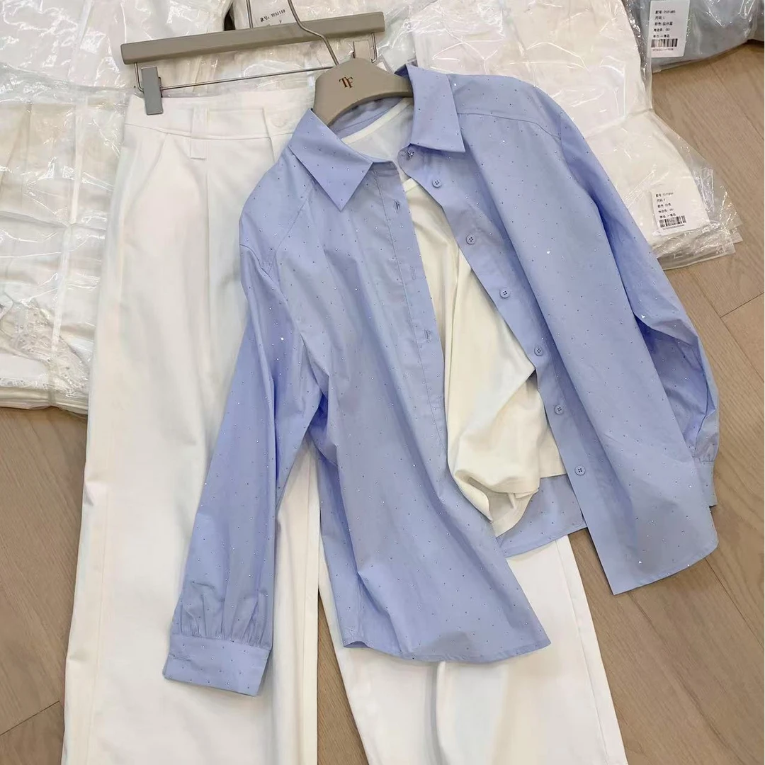 Pada嘻&KS【烫钻衬衫】韩系小众设计款翻领衬衫1660 Hi Fortune