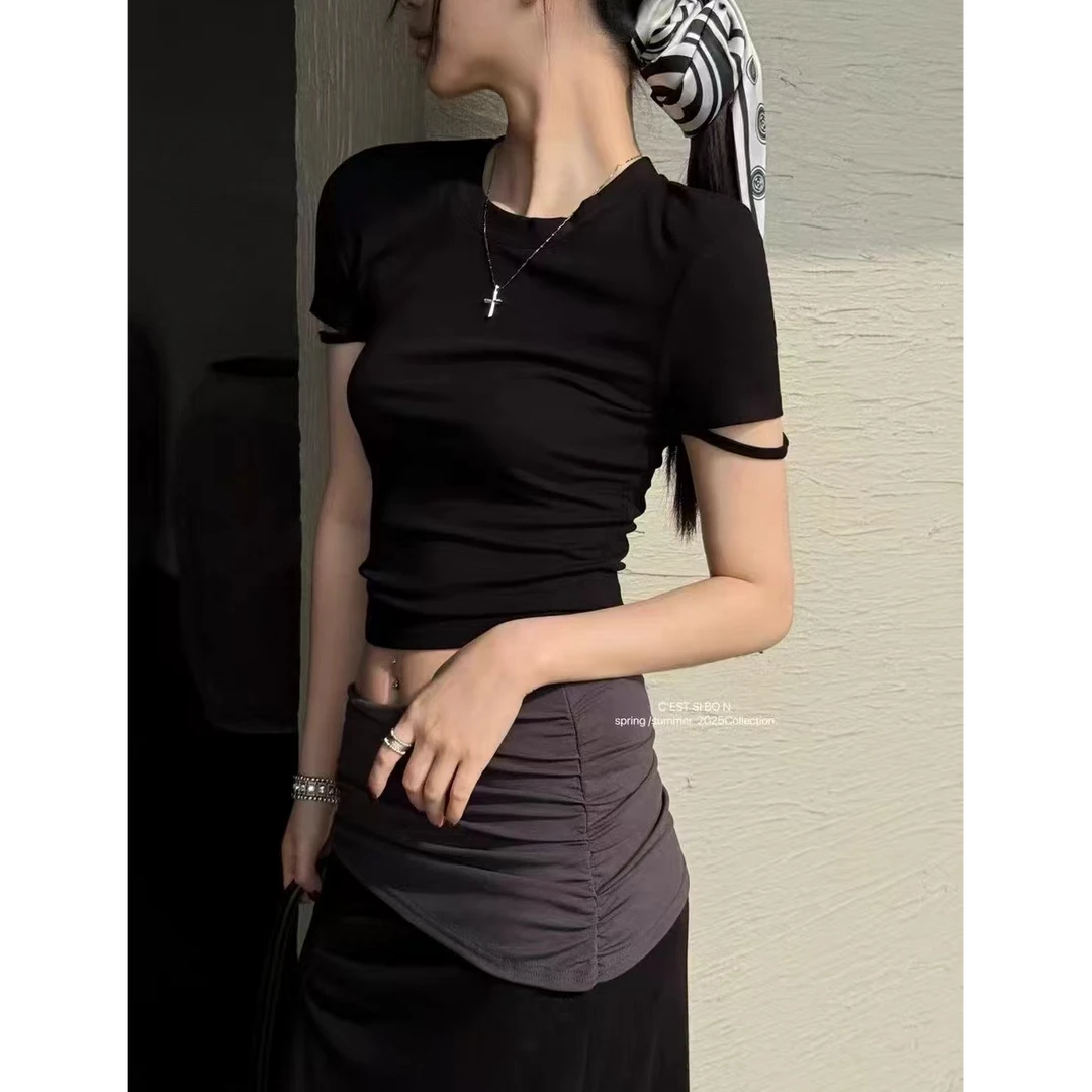 9938韩版2025春季新款百搭短袖T恤+拼色抽褶半身裙套装
