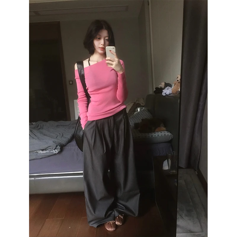 套装女2025新款穿搭斜领长袖修身显瘦百搭小众针织上衣高腰休闲裤