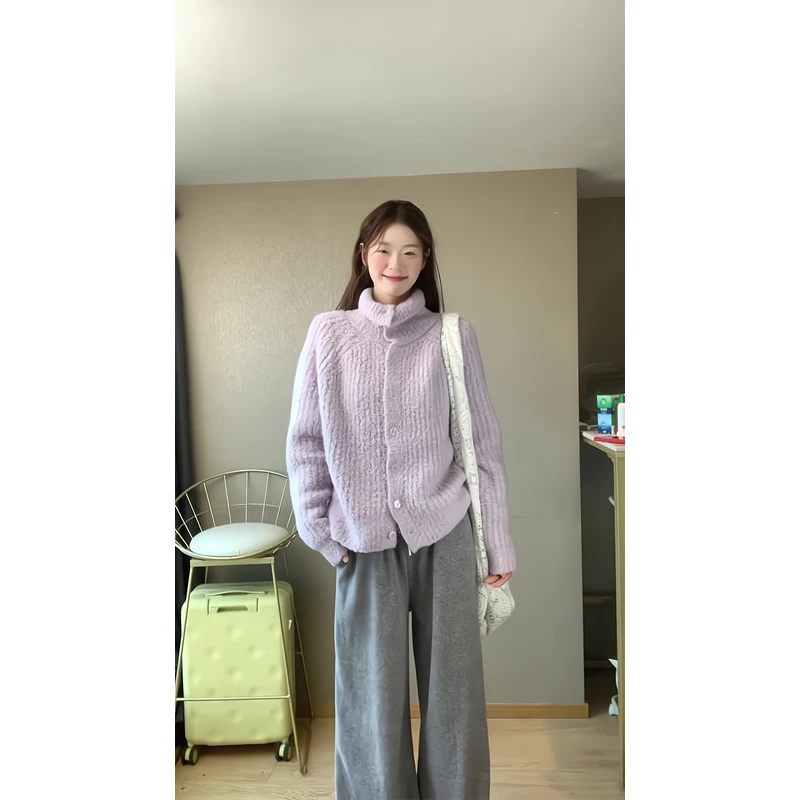 高领韩系纽扣毛衣外套针织开衫运动卫裤休闲垂感直筒高腰阔腿裤子