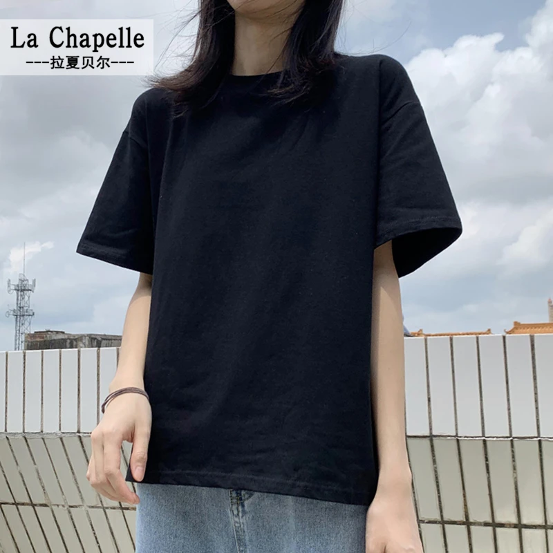 拉夏贝尔短袖纯棉t恤女黑色宽松显瘦半袖韩版2025新款上衣服ins潮