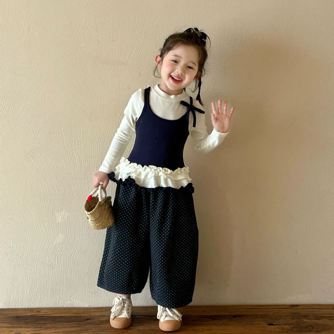 2025春季新款童装女童芭蕾风花边吊带假两件T恤打底衫长裤套装