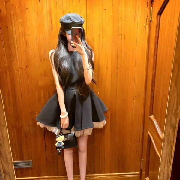 芭蕾黑天鹅 公主风气质收腰网纱拼接撞色蓬蓬连衣裙芭蕾裙410-10