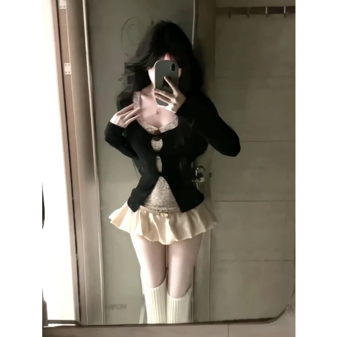 假两件蕾丝拼接镂空长袖t恤女打底衫修身显瘦甜辣妹上衣半裙套装