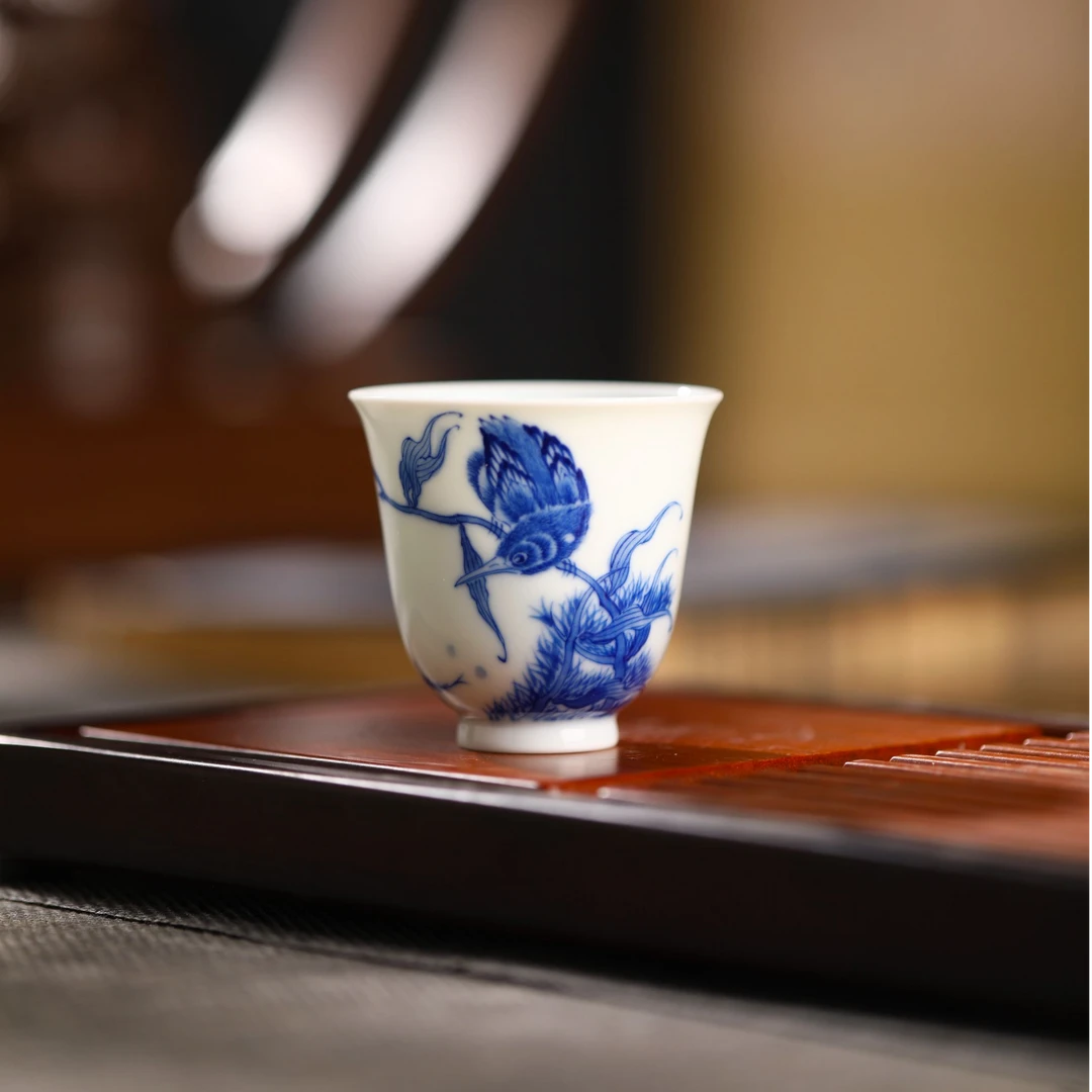 茶具茶器纯手绘青花单翠鸟客杯高温原矿釉下彩当代家用高颜值茶器