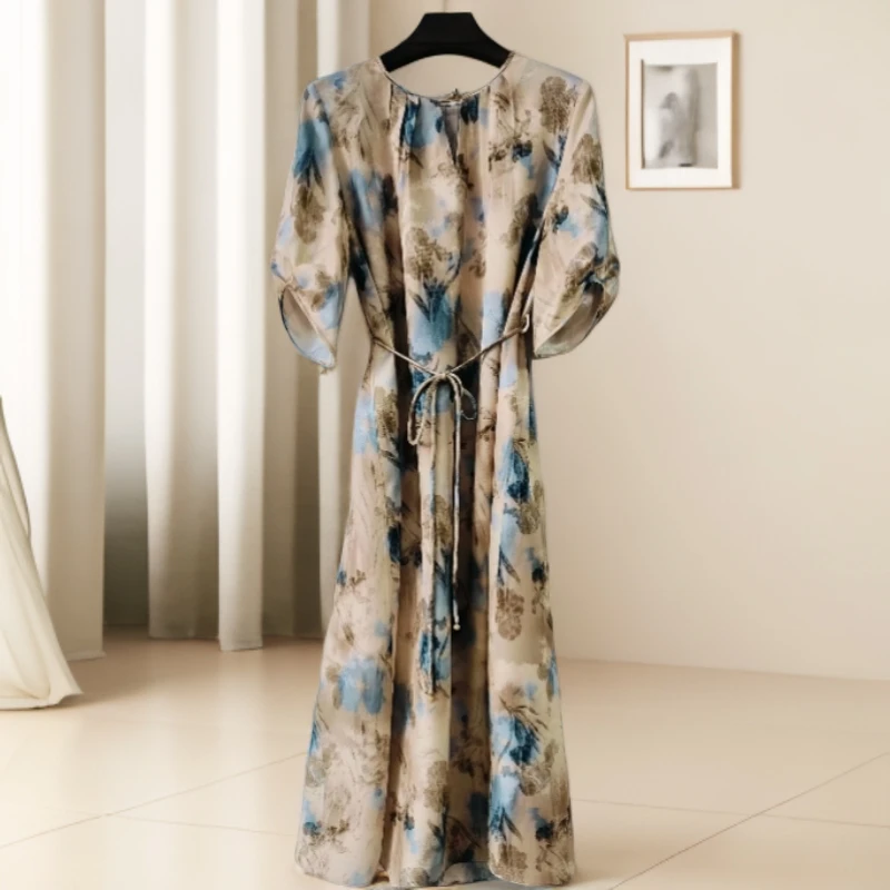 【梅姐粉丝专属】中长裙常规袖印花复古烧花连衣裙L7102