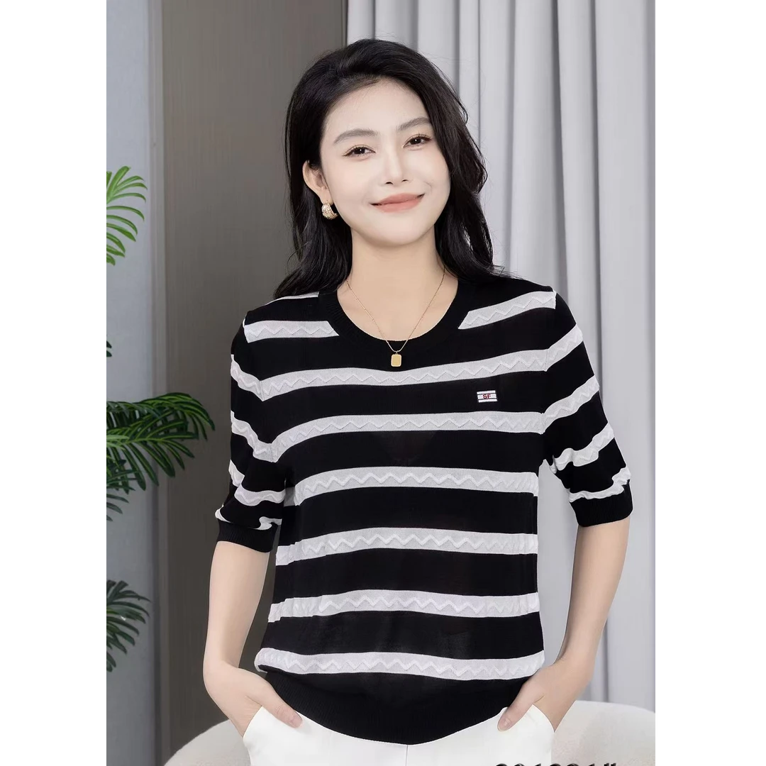天丝针织衫春夏季条纹气质显瘦上衣圆领