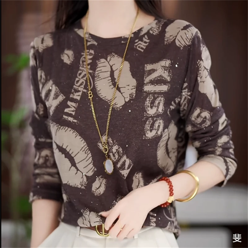 针织有弹力宽松早秋印花长袖休闲T恤国风修身型时尚打底衫百搭