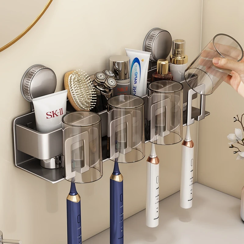 吸盘牙刷置物架卫生间免打孔漱口杯刷牙杯壁挂式家庭牙刷牙膏架子