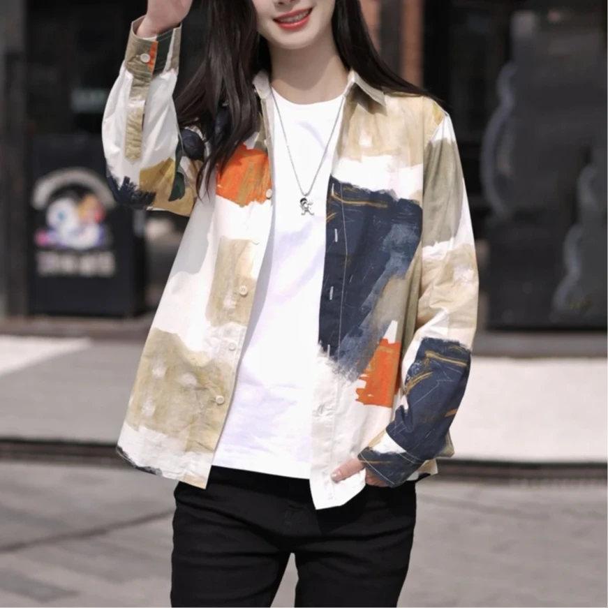 纯棉日系潮流扎染长袖衬衫男士时尚百搭文艺休闲宽松上衣7595