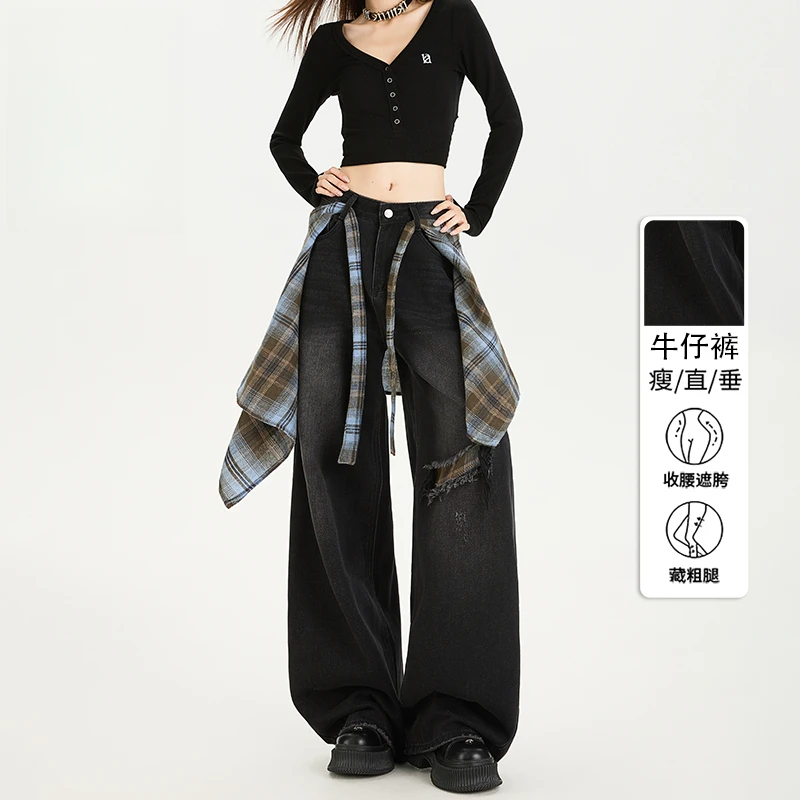 黑色阔腿工装牛仔裤女2025年秋季新款美式高腰宽松降落伞兵裤子