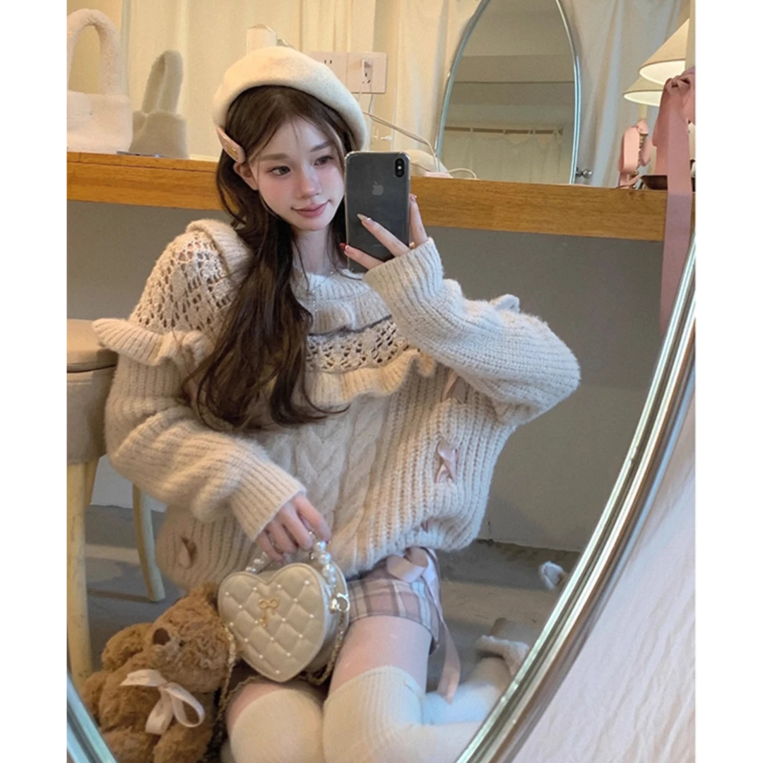 秋冬新款昭和千金甜美设计感针织毛衣格纹半裙显瘦套装